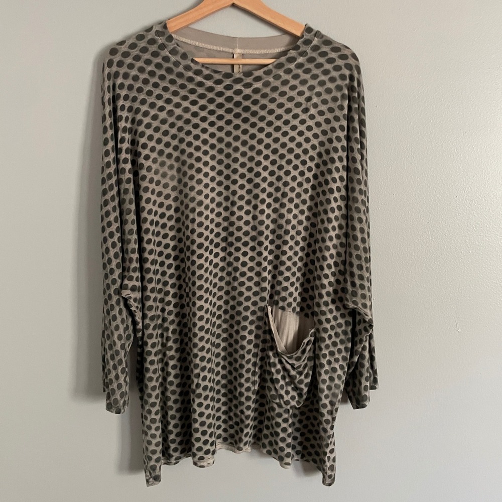Cynthia Ashby Top Womens Medium Grey Polka Dot Lagenlook Oversized Pocket Tunic